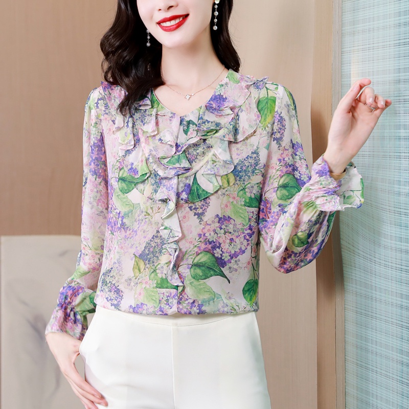 Áo Thun Lụa Mulberry Cao Cấp Diềm Xếp Nếp Cao Cấp Phong Cách Pháp Cổ Điển Mùa Thu 2023 Cho Nữ