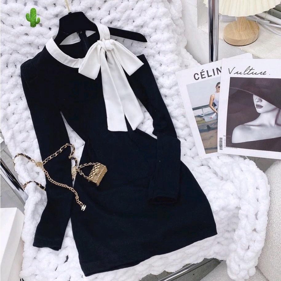 Đầm body tay dài phối nơ, váy body chất thun gân