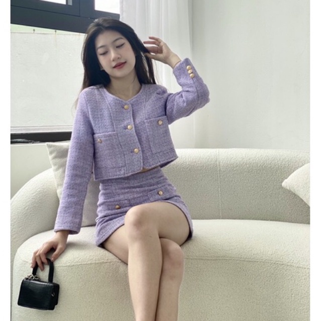 Set áo và chân váy dạ tweed chất đẹp màu tím khoai môn