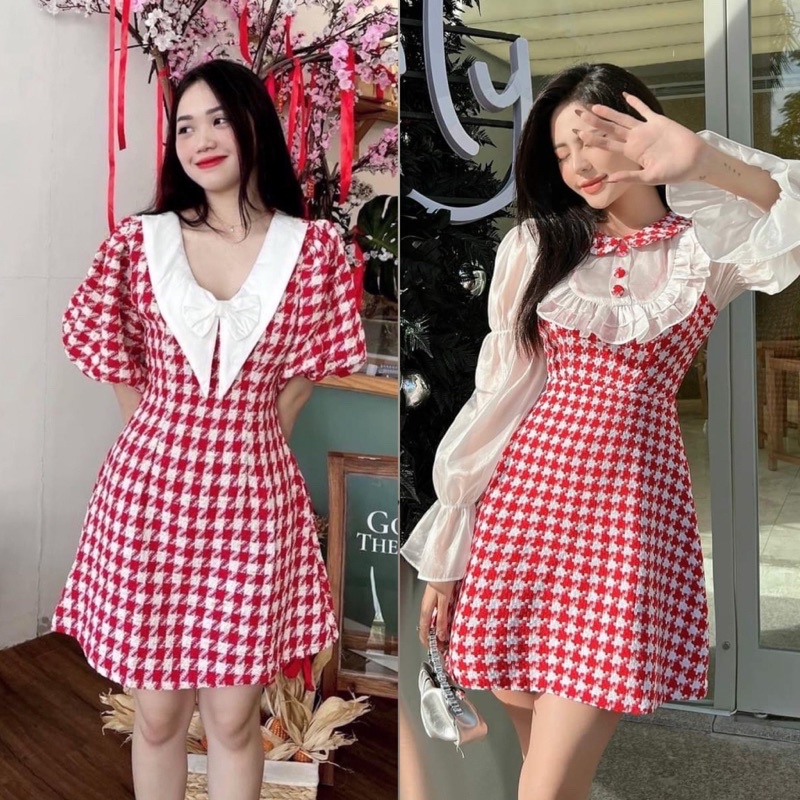 Đầm caro đỏ cổ nhọn (về thêm loại cổ yếm, cổ V)