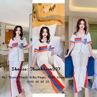 Pijama cộc dài hai mèo vàng đen McQ lụa xước tô châu cao cấp quảng châu ii0034.