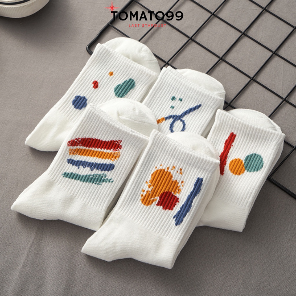 Tất trắng cao cổ nam nữ sét 10 đôi hoạ tiết pha sơn T40
