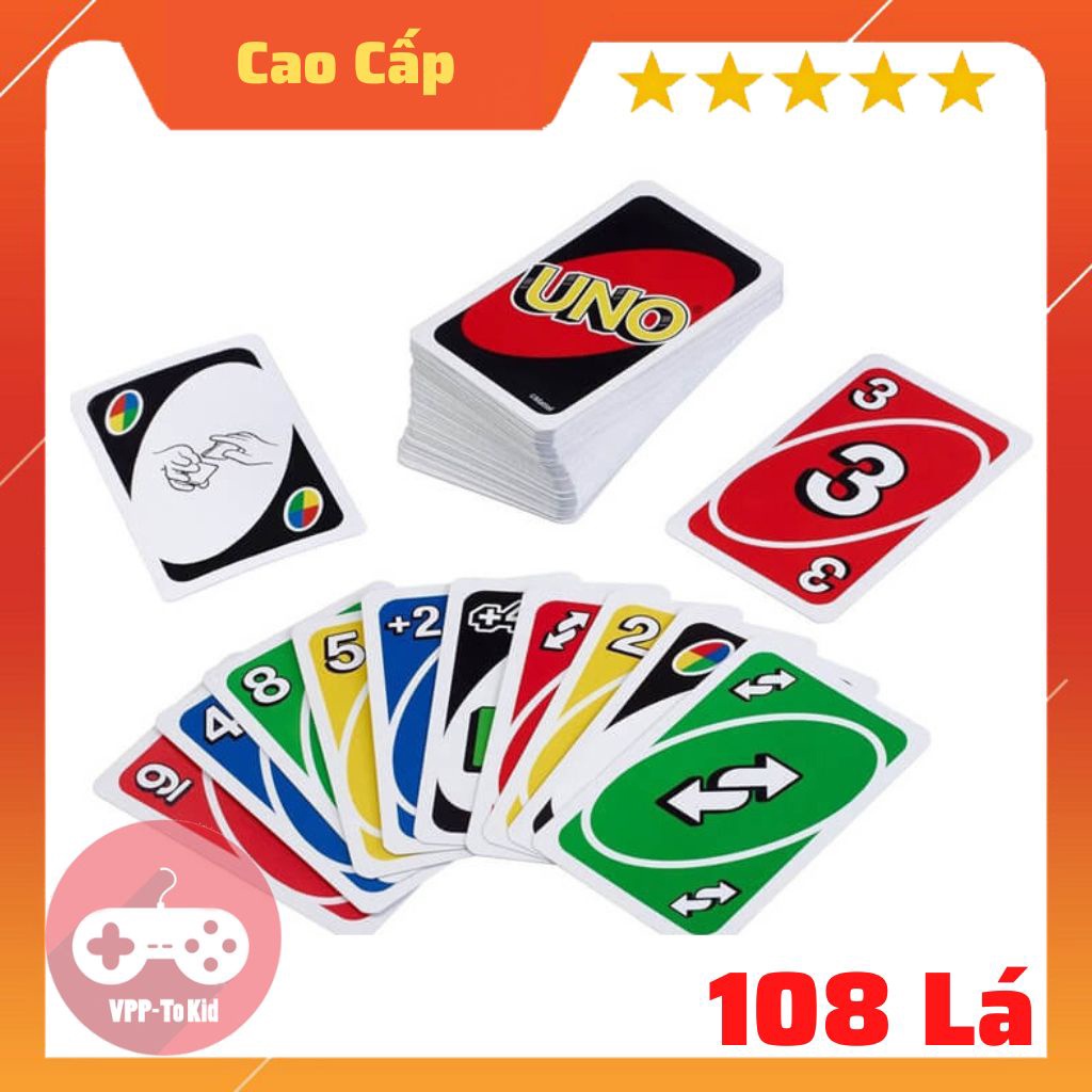 Bài UNO loại tốt có 108 lá bài cơ bản Chất liệu giấy cứng phủ nhựa cao cấp