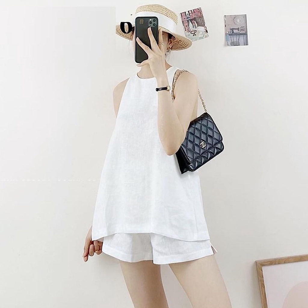 Áo kiểu yếm Linen Hàn khoét sâu hở lưng cúc bọc SLINEN, chất vải Linen thô Premium, form suông trẻ t