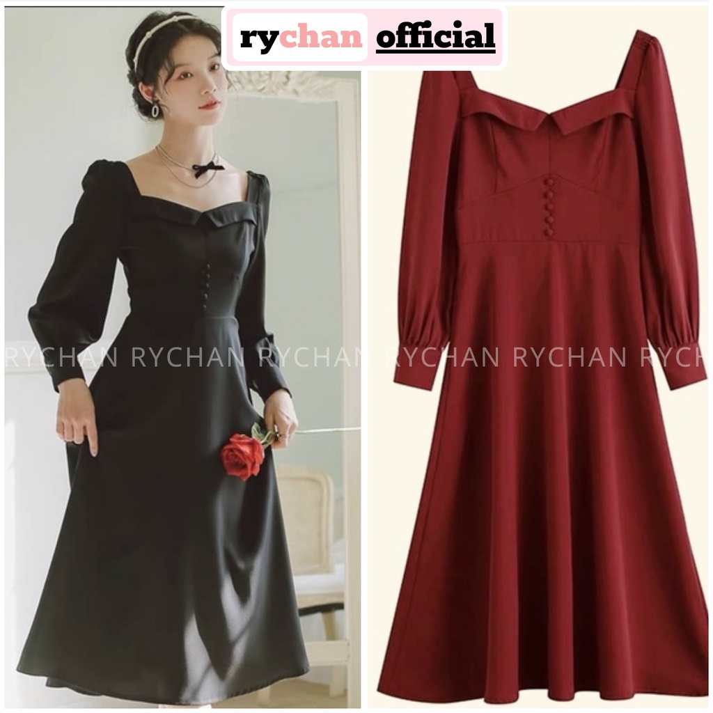 [ẢNH THẬT CUỐI] Đầm Đi Chơi Dáng Dài Xòe Basic Phối Nút Xinh Xắn, Đầm Cổ Vuông Tay Dài Sành Điệu Màu Đen Màu Đỏ-DX105