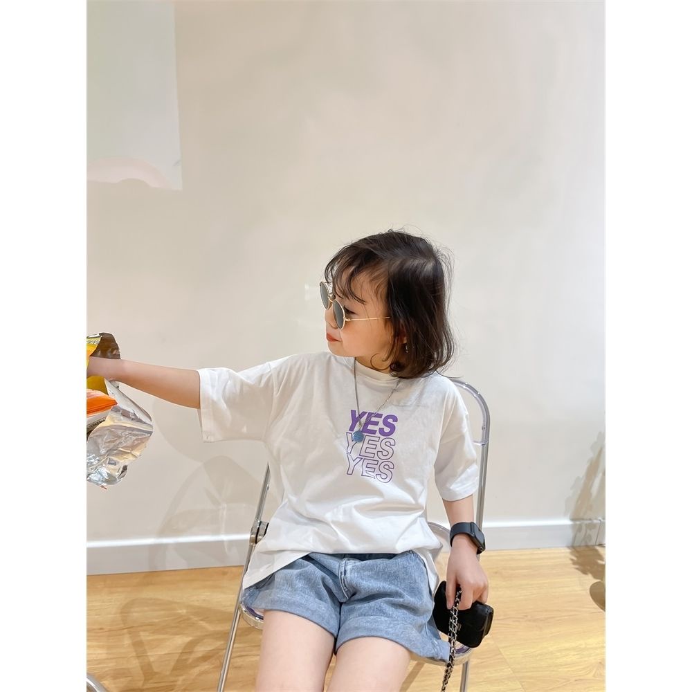 Áo Thun Cotton Ngắn Tay Dáng Rộng In Chữ Thời Trang Mùa Hè 2022 Cho Bé