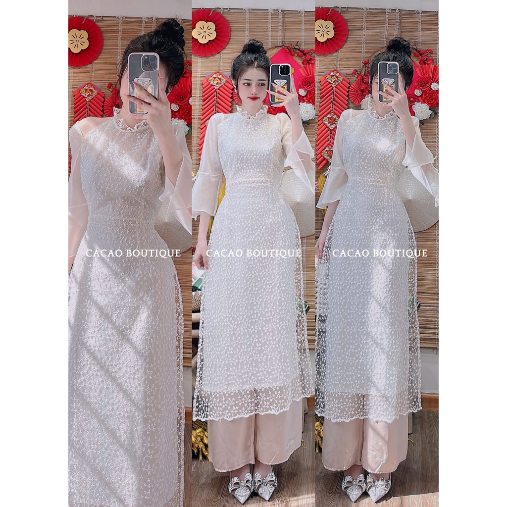 Set áo dài diện Tết, đi tiệc cực xinh, hot trend, tôn dáng với chất liệu lưới hoa thêu phối voan tơ màu trắng