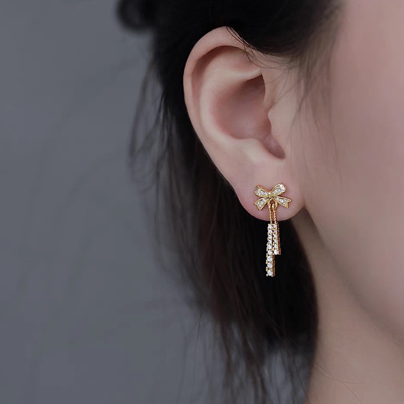 Khuyên Tai Bạc Dạng Hạt Đính Nơ Tua Rua Phong Cách Lạnh Cao Cấp jp5