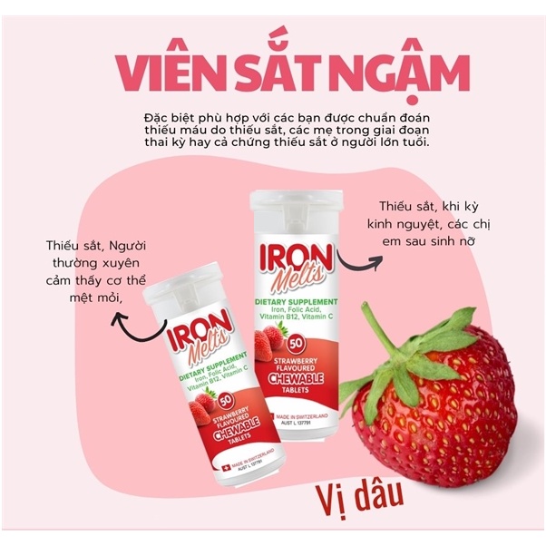 Viên Sắt Ngậm Iron Melts Giúp Nâng Cao Sức Đề Kháng Cho Cơ Thể Tăng Cường Năng Lượng Hộp 50 Viên Nội Địa Úc