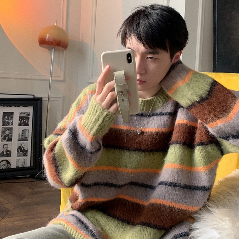 Áo sweater Cổ Tròn Dày Dặn Dáng Rộng Họa Tiết Kẻ Sọc Màu Sắc Tương Phản Thời Trang Thu Đông Cho Nam
