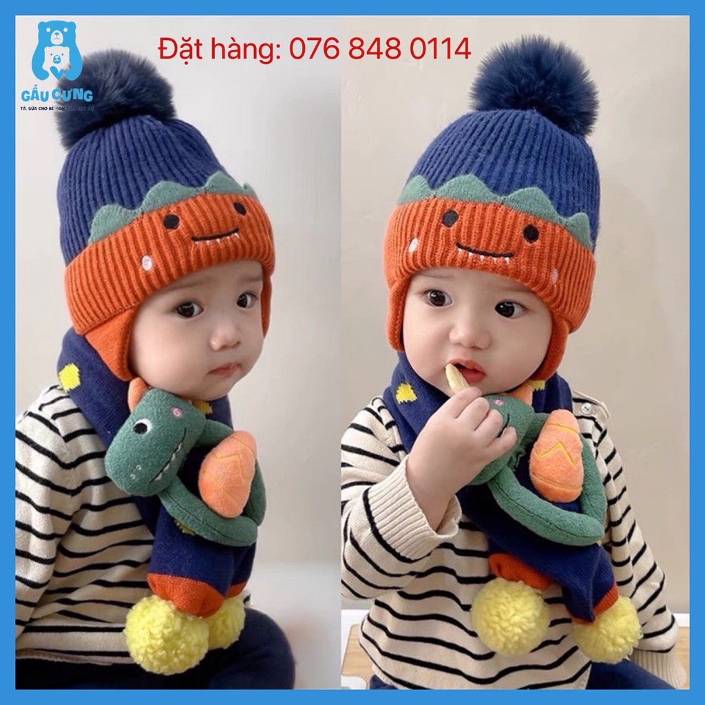 Set Nón Len + Khăn Choàng Cổ Giữ Ấm Mùa Thu Đông Cho Bé