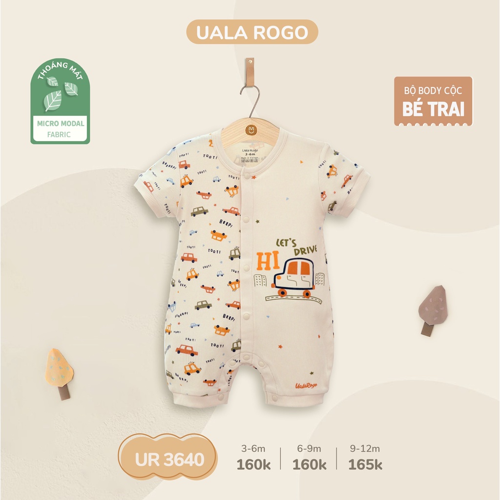 Bodysuit Ualarogo cho bé 3-12 tháng vải Modal cúc giữa cộc tay mềm mại thoáng mát co giãn hoạ tiết ô tô