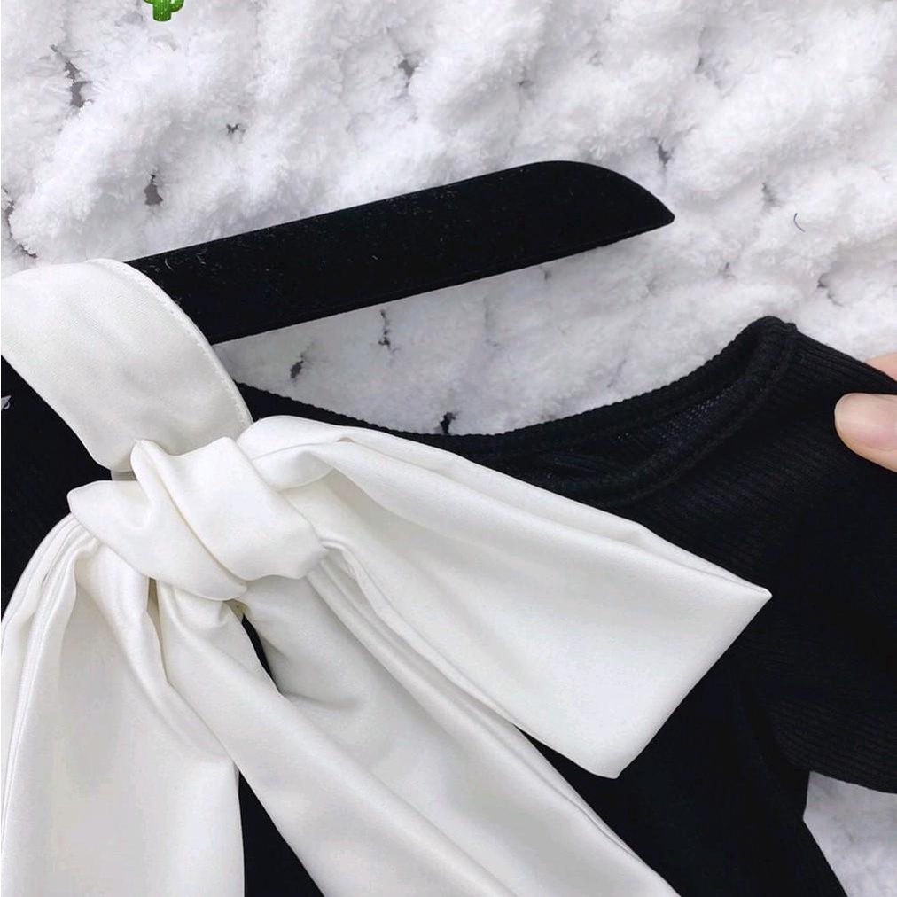 Đầm body tay dài phối nơ, váy body chất thun gân