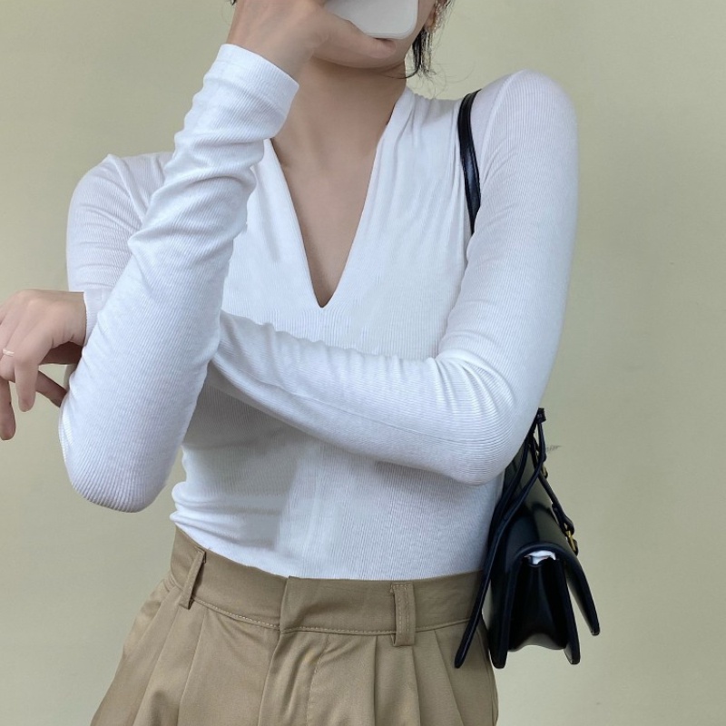 Áo thun YEYA tay dài cổ chữ V thiết kế mới phong cách thời trang cho nữ
