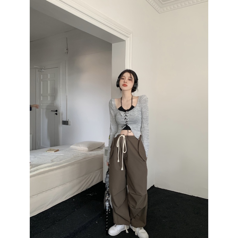 Set Áo Len Dài Tay Và Áo Hai Dây Màu Đen Phong Cách Hàn Quốc Cho Nữ