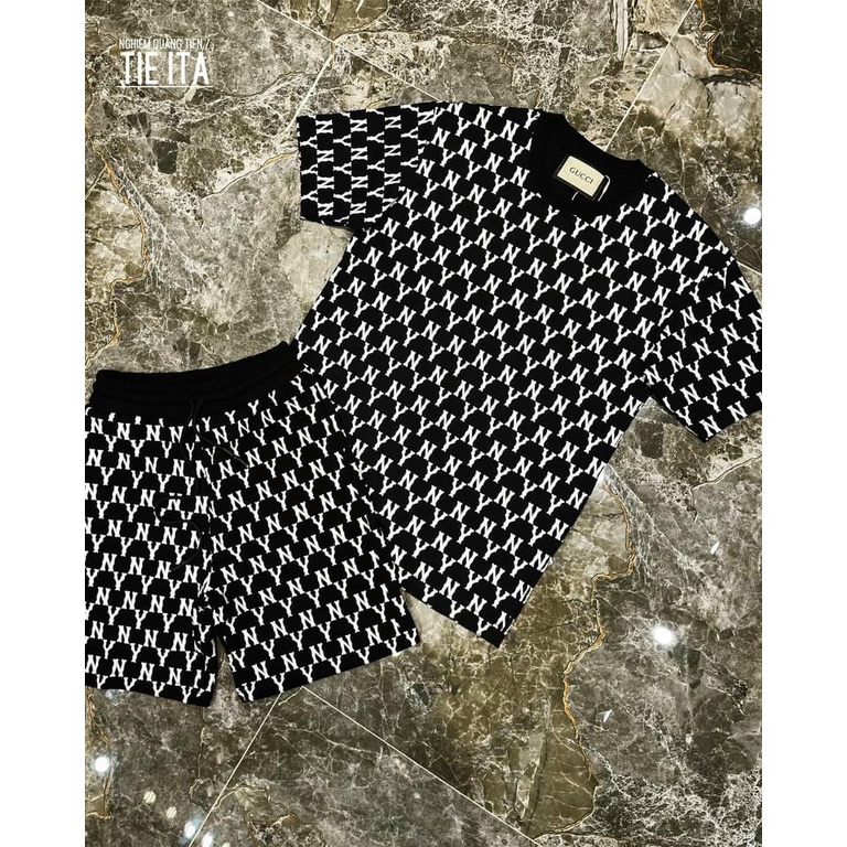 Bộ quần áo thể thao nam mùa hè, bộ thể thao cổ tròn ngắn tay NY in 2 mặt nét căng chất poly