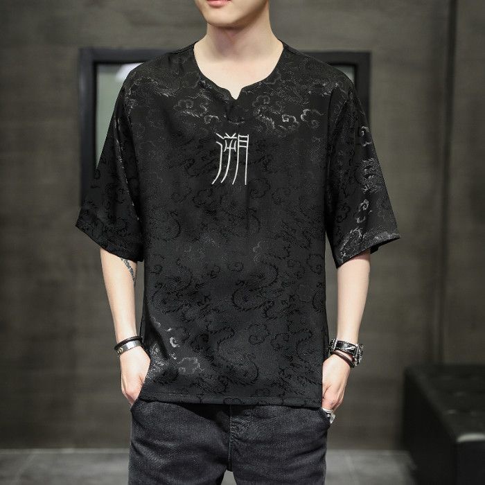 Baju sport lelakinavy blueChinese Áo Thun Tay Ngắn Bằng Lụa Lạnh Siêu Mỏng Họa Tiết Hoa Màu Tối Phong Cách Trung Quốc Cho Nam