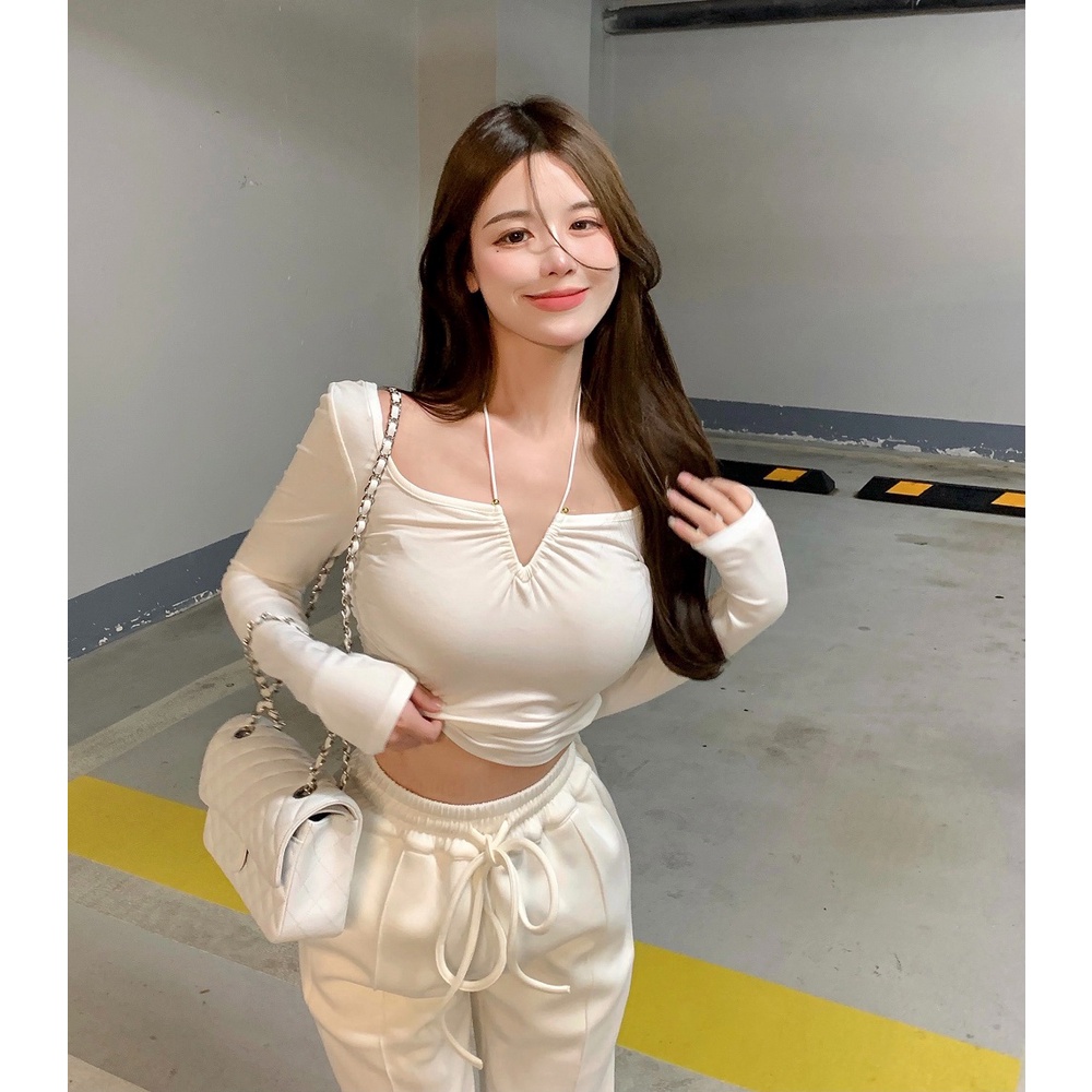 ZHELIHANGFEI Áo Thun Croptop Tay Dài Lưng Cao Kiểu Dáng Ngọt Ngào Quyến Rũ