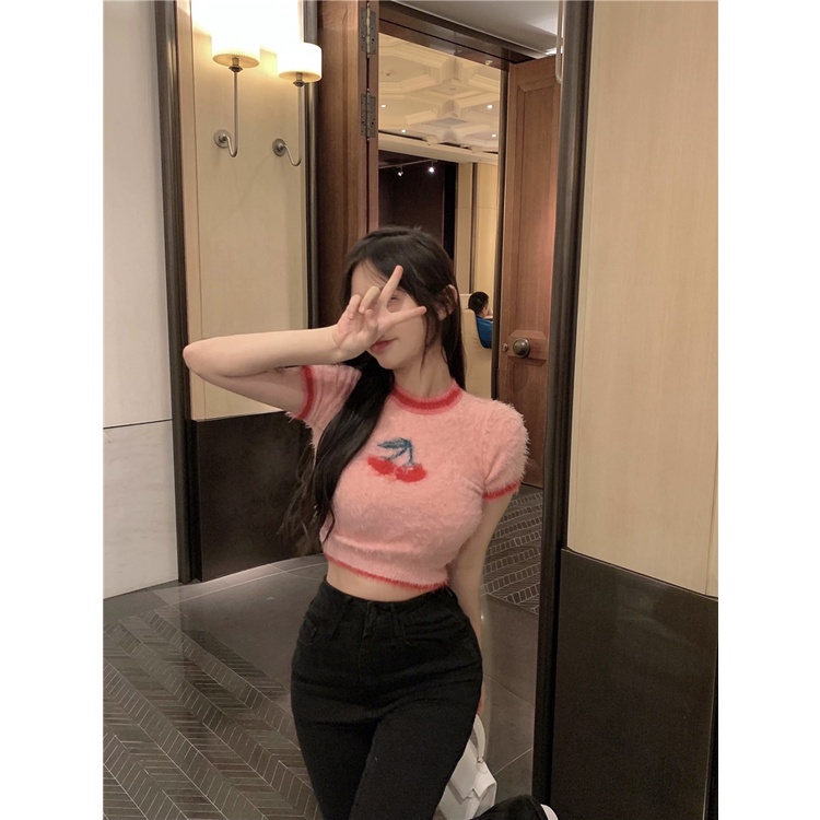 QKOOLE Áo crop top  tay ngắn hở rốn giả lông chồn thời trang mùa hè xinh xắn dành cho nữ