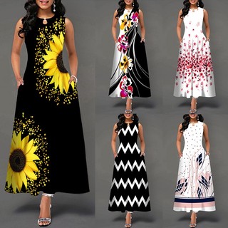 Đầm Maxi Chữ A Không Tay In Họa Tiết Hoa Hướng Dương Plus Size
