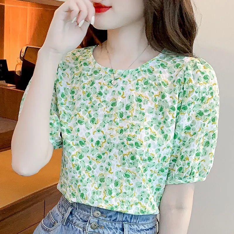 Áo Sơ Mi Chiffon Cổ Tròn Tay Ngắn In Họa Tiết Hoa Phong Cách Hàn Quốc Thời Trang Mùa Hè Cho