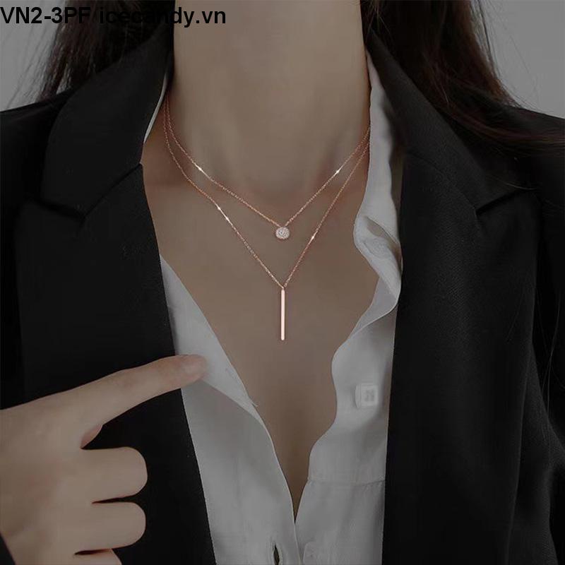 🥟Vòng cổ nữ hai lớp bằng kim loại phối mặt hình vuông màu bạc/vàng kim thời trang
