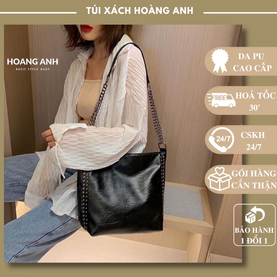 Túi xách nữ vừa A4, đeo vai đeo chéo chất da dày mềm mịn phối viền đinh cool ngầu H22
