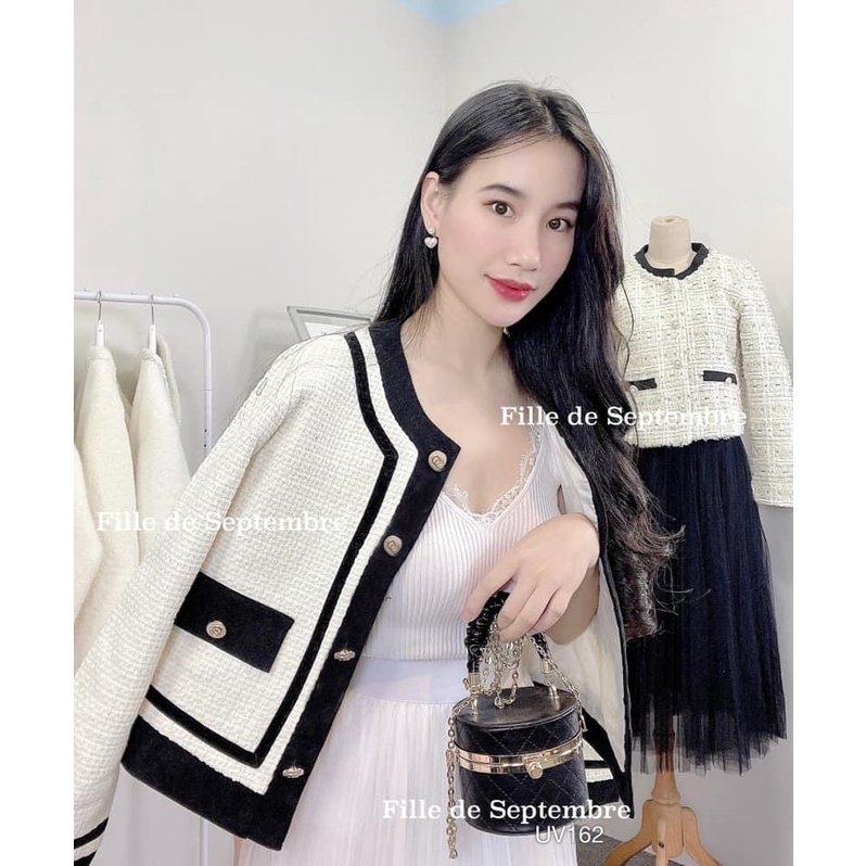 Áo Khoác Dạ Tweed Trắng Viền Đen Quý Phái Hai Lớp 👗 Tiểu Thư 👗 - Áo Dạ Tweed Trắng Viền Đen Đi Làm, Du Lịch, Tiệt...