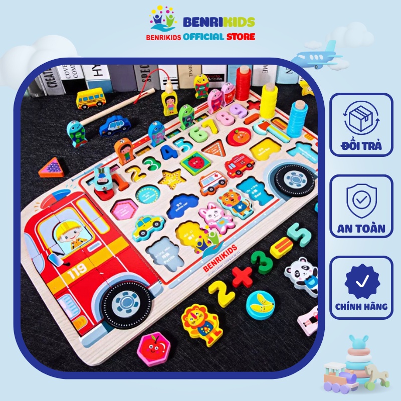 Bộ Bảng Gỗ Câu Cá 7 trong 1 Ghép Hình Ô Tô, Chữ Số, Hoa Quả, Phương Tiện, Hình Khối Benrikids
