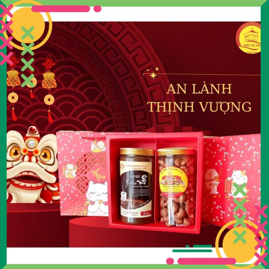 HỘP QUÀ MÈO TÀI LỘC MS 04 bao gồm 500gr cà phê Chồn ms:c38 và 500gr hạt điều tươi rang củi Lê Thư loại đặc biệt