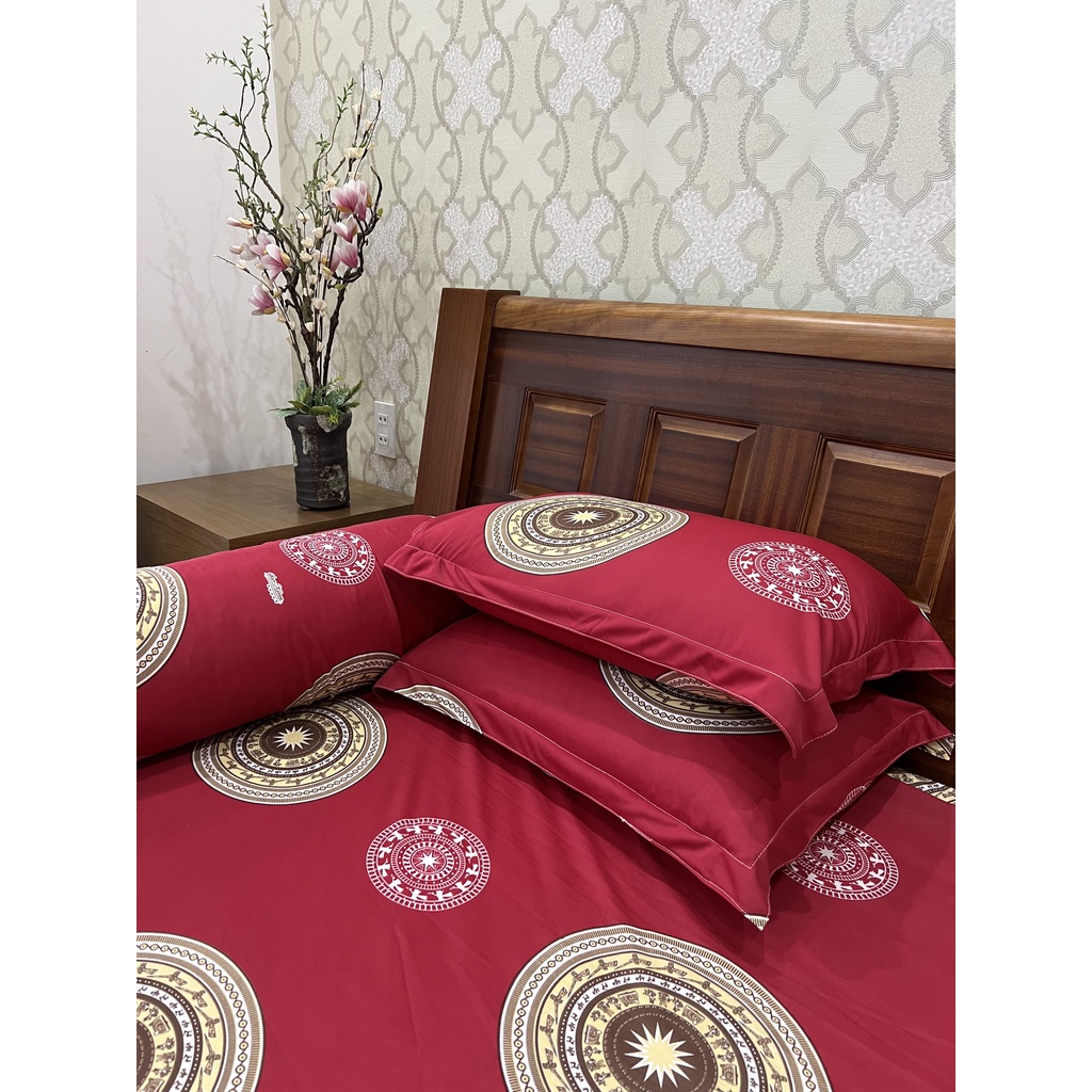 Bộ ga thun lạnh Trống đồng đỏ 4 món ga thun hàn quốc chuyên dra thun lạnh đủ kích thước ga nệm 1m6, 1m8