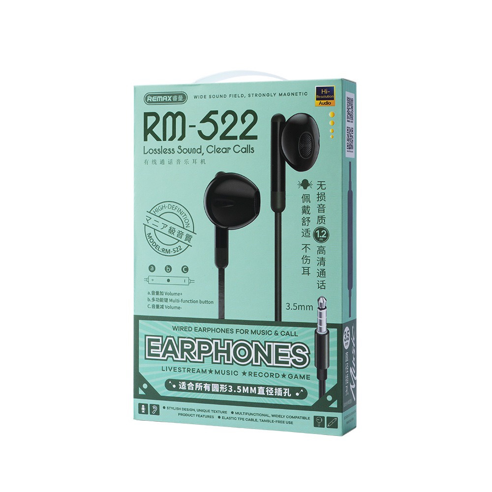 Tai nghe nhét tai Remax RM-522 tích hợp mic đàm thoại livestream jack 3.5mm