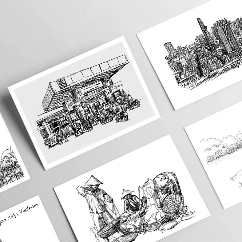 Postcard, thiệp trang trí decor chủ đề Việt Nam ký họa kích thước 10x15 P3 Tặng kèm bao thư kraft cho mỗi postcard