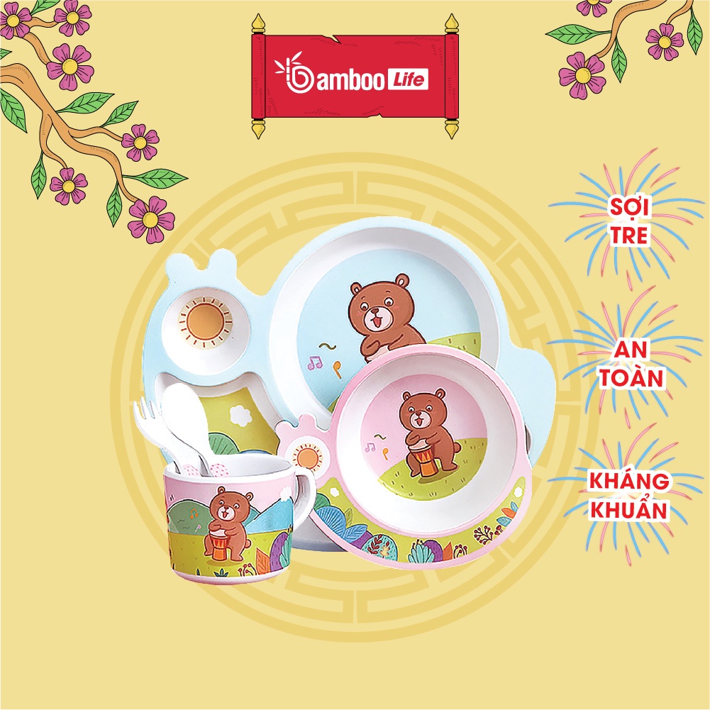 Khay ăn dặm sợi tre hình sên Bamboo Life BL034 cho bé 5 chi tiết gồm thìa, dĩa, khay, bát, cốc siêu xinh cho bé