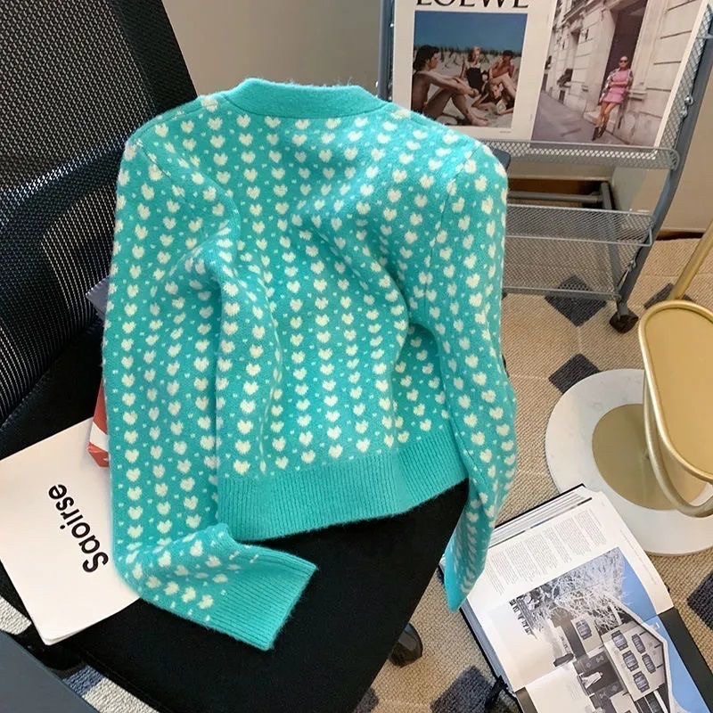Áo cardigan nữ, Chất lông siêu mềm mịn, Hoạ tiết xanh trái tim siêu trẻ trung, Phong cách Hàn Quốc