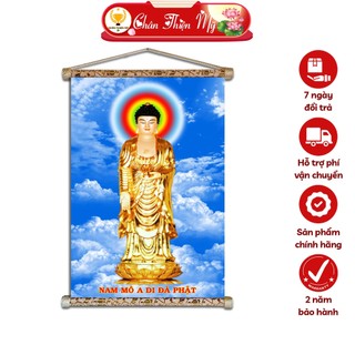 Tranh phật treo tường phật a di đà đứng chân thiện mỹ, chất liệu vải lụa kim sa khung gỗ 40x60cm adđpđ-88