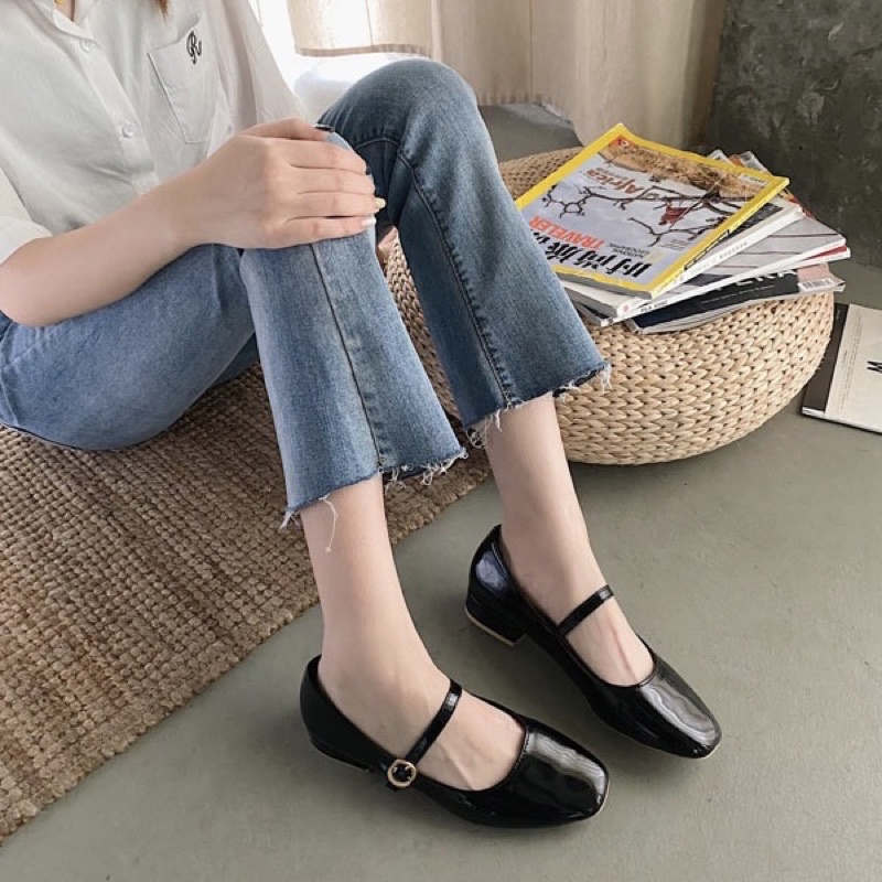 Giày búp bê Mary Jane cho nữ da trơn đế thấp 2cm có quai cài