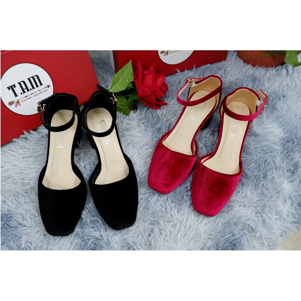 CG06 giày nhung cao gót đế trụ màu đỏ đô và đen