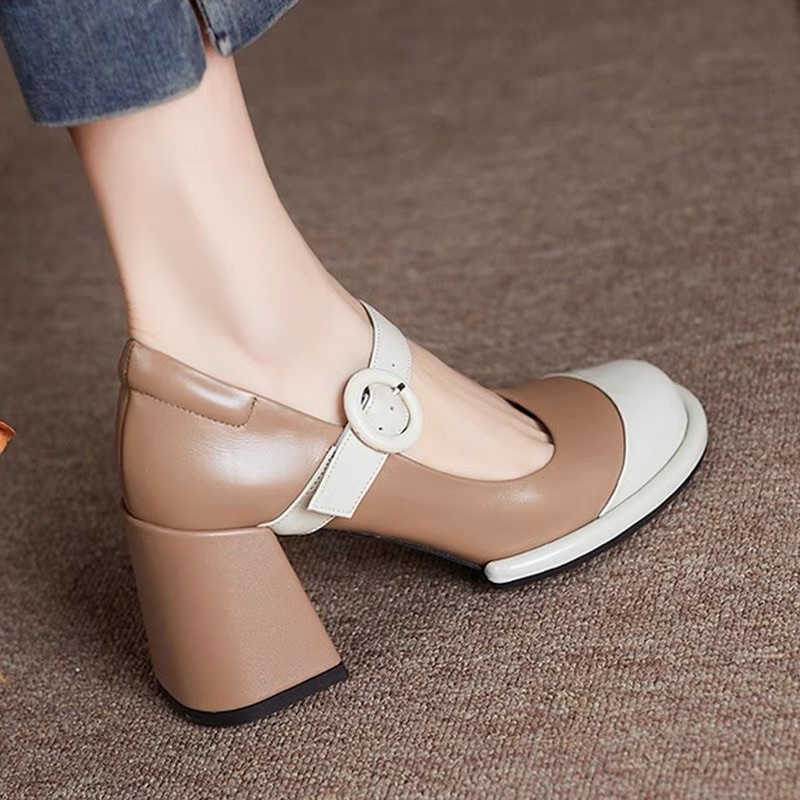 ORDER 🍓 Giày gót trụ mũi phối da bò mềm quai cài 8cm