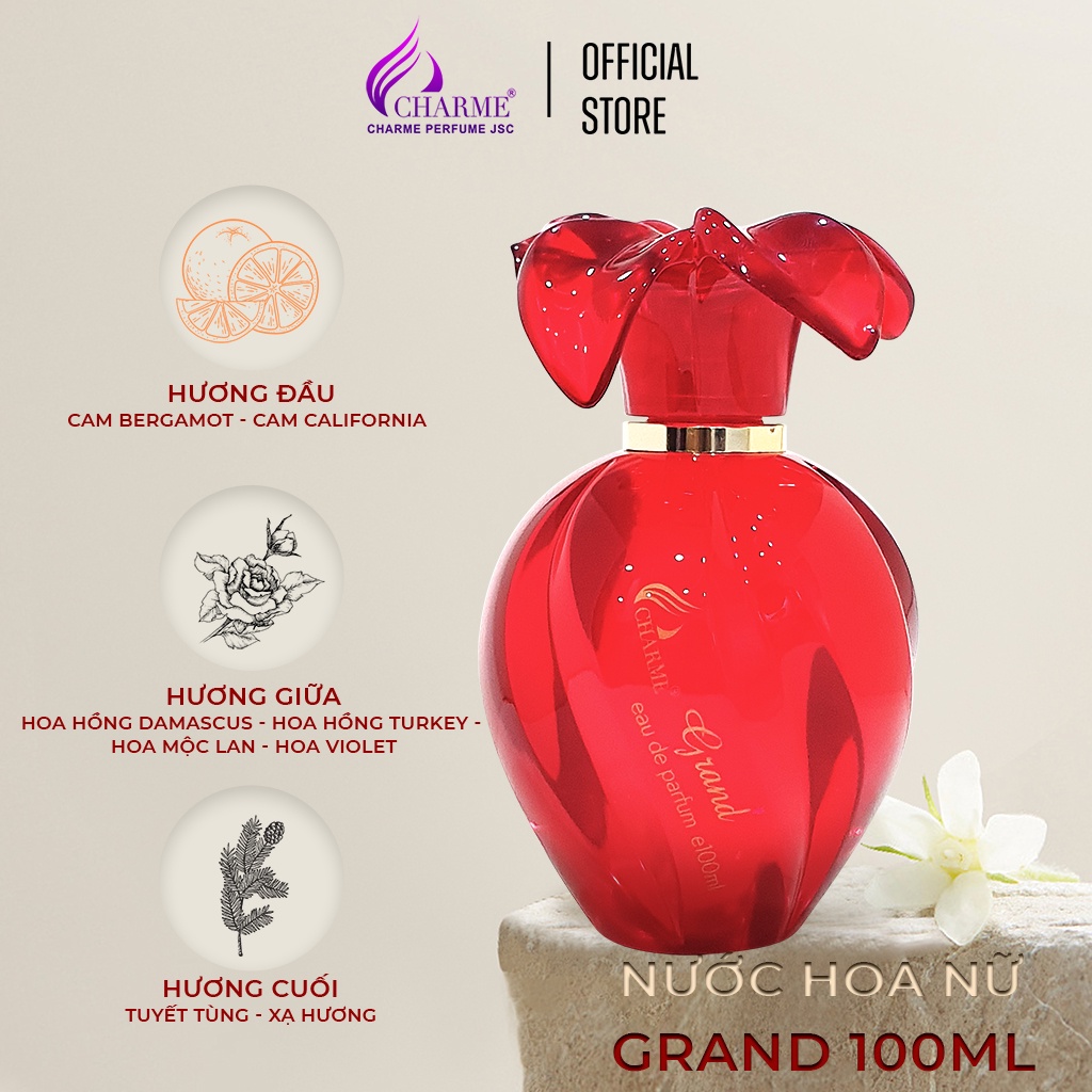 Nước hoa nữ cao cấp, Charme Grand, lưu hương lâu, hương hoa cỏ nhẹ nhàng, nữ tính, 100ml