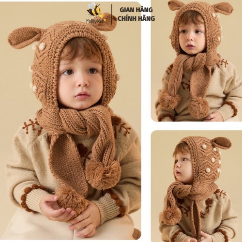 Mũ Liền Khăn Hình Hươu Đa Năng Dễ Thương Ấm Áp Cho Bé 0-3 Tuổi Vào Mùa Đông Polly Kid - SP344