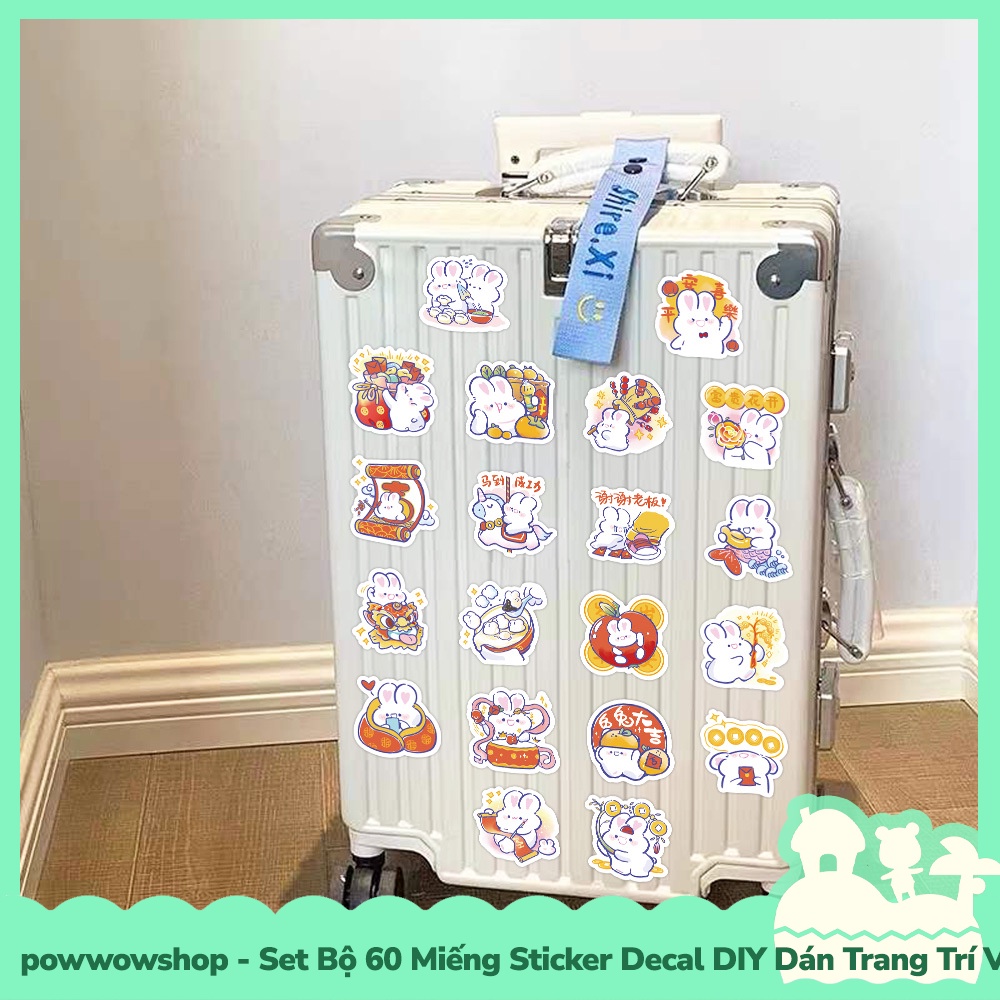 [Sẵn VN - Hỏa Tốc] Set Bộ 60 Miếng Sticker DIY Chống Thấm Nước Dán Trang Trí Vật Dụng Phong Cách Hoạt Hình Thỏ Tết