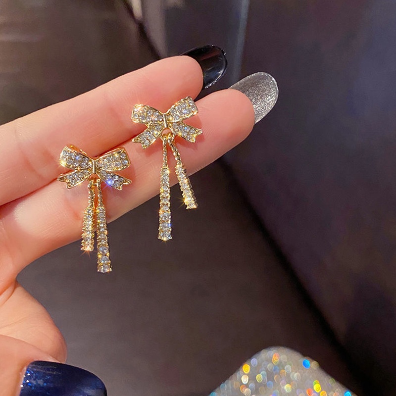 Khuyên Tai Bạc Dạng Hạt Đính Nơ Tua Rua Phong Cách Lạnh Cao Cấp jp5