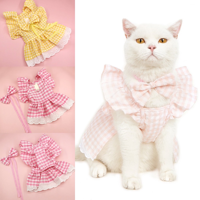 Đầm Công Chúa Họa Tiết Sọc Caro Vàng Hồng Thời Trang Xinh Xắn Cho Cún Cưng Shih Tzu Teddy Poodle Bichon