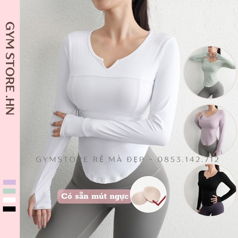 Áo Thun Ôm Body Dài Tay CÓ MÚT Thể Thao Nữ Tập Gym Yoga Thun Poly Thấm Hút Khô Thoáng Mát GYMSTORE 619