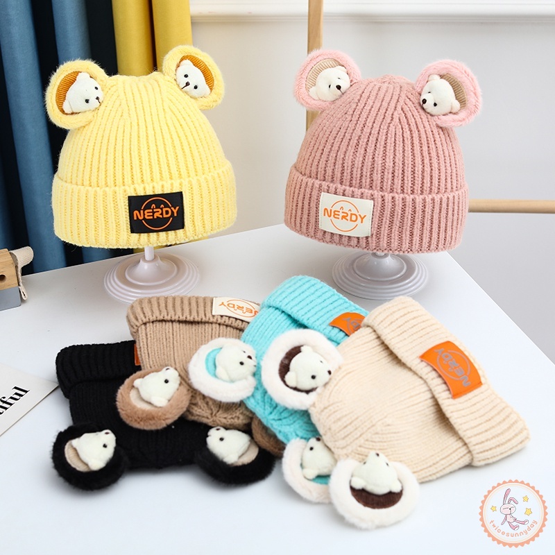Mũ Dệt Kim Dày Dặn Màu Trơn Họa Tiết Gấu Hoạt Hình Cho Bé Trai Và Gái