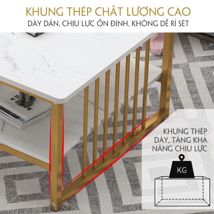 Bàn sofa phòng khách BETA HOME bàn trà mặt gỗ 3 tầng họa tiết vân đá cẩm thạch chân sơn nhũ vàng kích thước 100*50*42cm | BigBuy360 - bigbuy360.vn