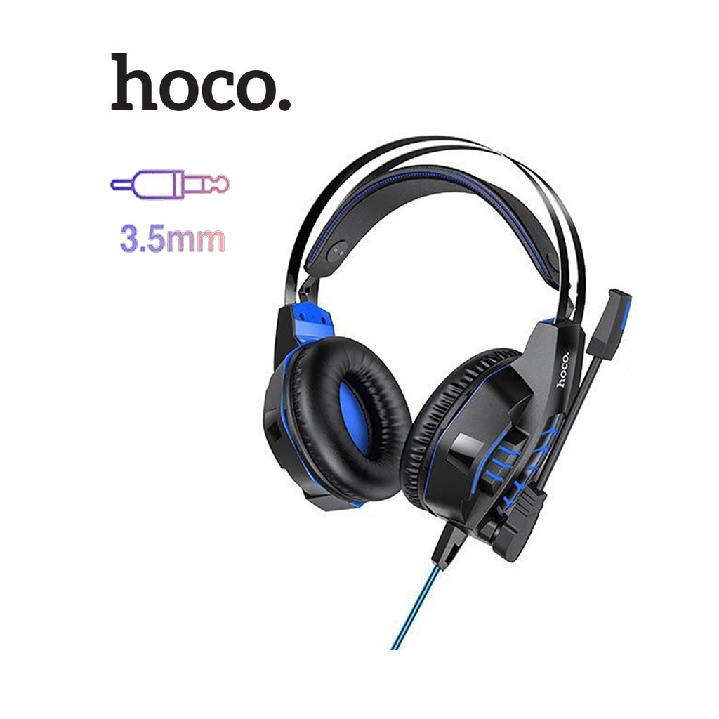 Tai nghe chụp tai jack 3.5mm Hoco W102 2 cổng cắm 3.5mm+USB-A, đèn LED, đệm chống tiếng ồn dài 2M ( Xanh )