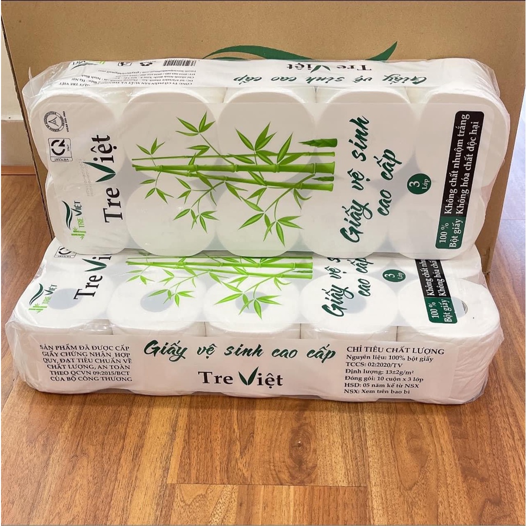 Giấy vệ sinh cao cấp Tre Việt màu xanh 10 cuộn x 3 lớp 1.5KG