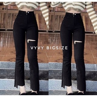 [Bigsize 60kg-98kg] Quần Jean Nữ Ống Loe Đen Rách Vuông Lai Lưng Cao Co Giãn